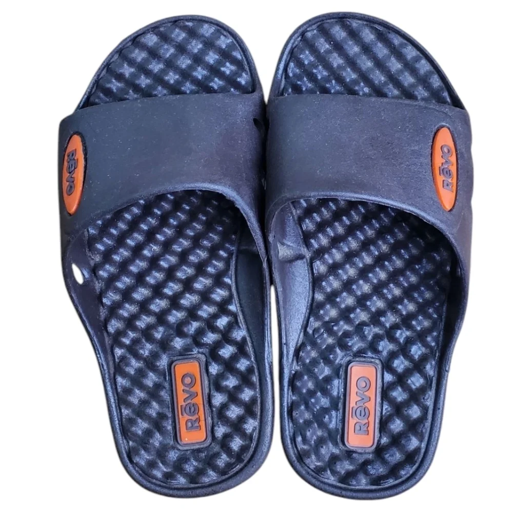 Kids Revo Blue and Orange Slide Sandals. SMALL